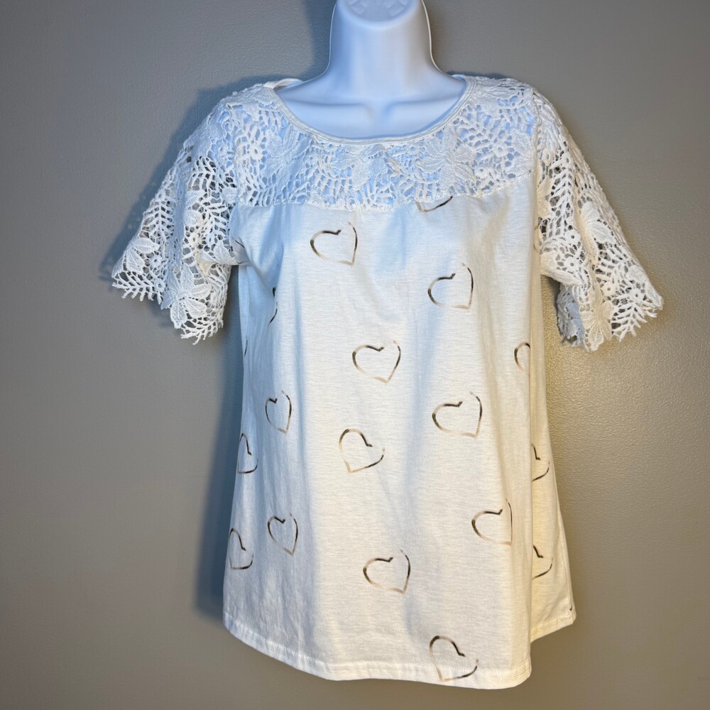 LAPA White‎ Lace Sleeve Heart Print Top Size Small Boho Cottagecore